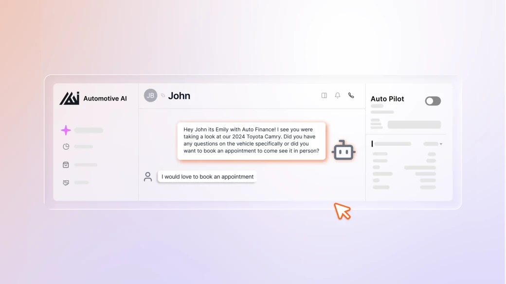 The Automotive AI inbox, an assistant message about a 2024 Toyota Camry offering an appointment, the customer replying I would love to book an appointment