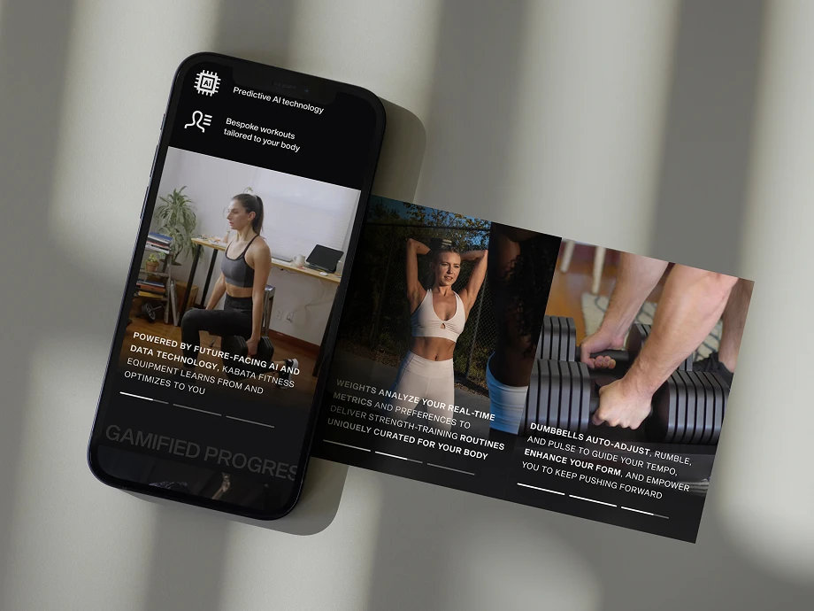 A phone and two cards on a pale surface, Kabata's predictive AI technology copy running across them