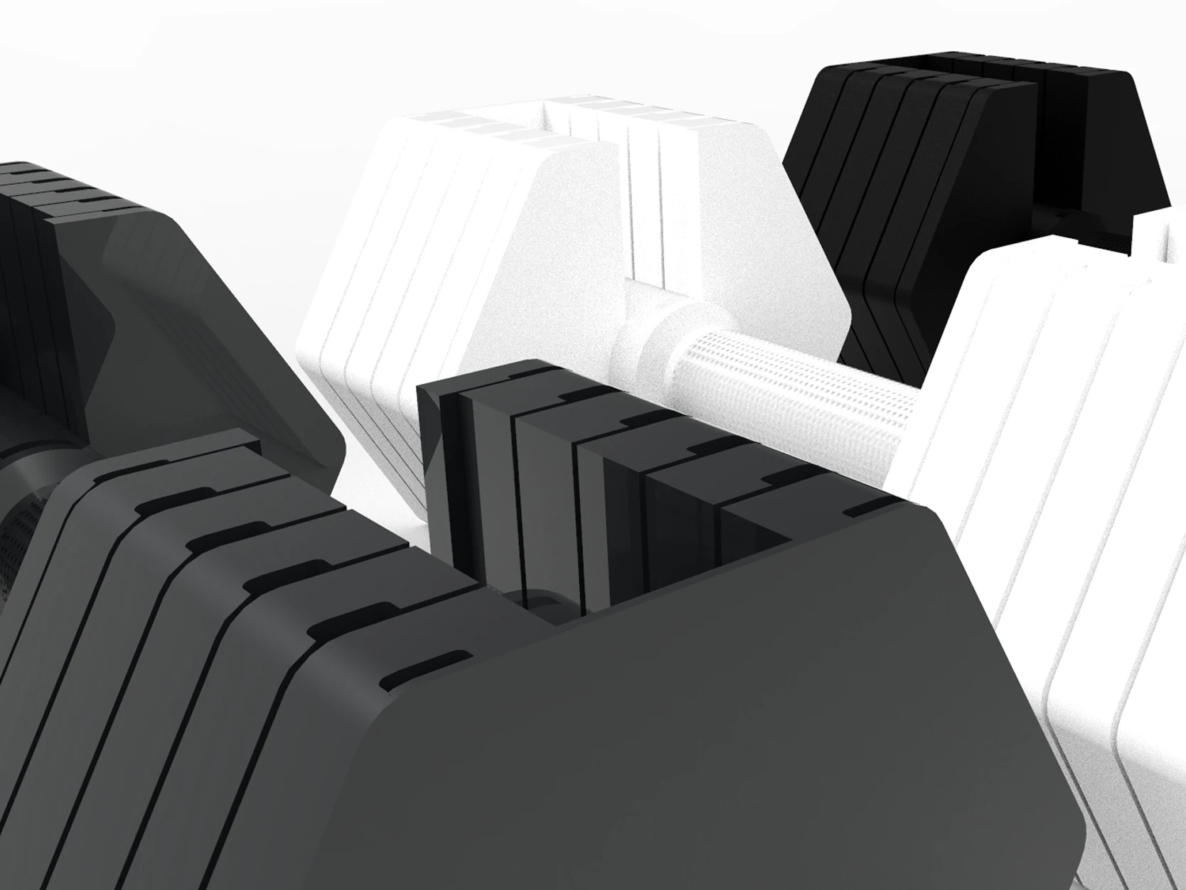 A render of Kabata dumbbells in black, white and grey stacked head to head, one knurled handle running between them