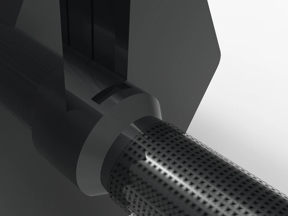 Close-up render of a Kabata handle, its knurled grip meeting the collar ring at the plate