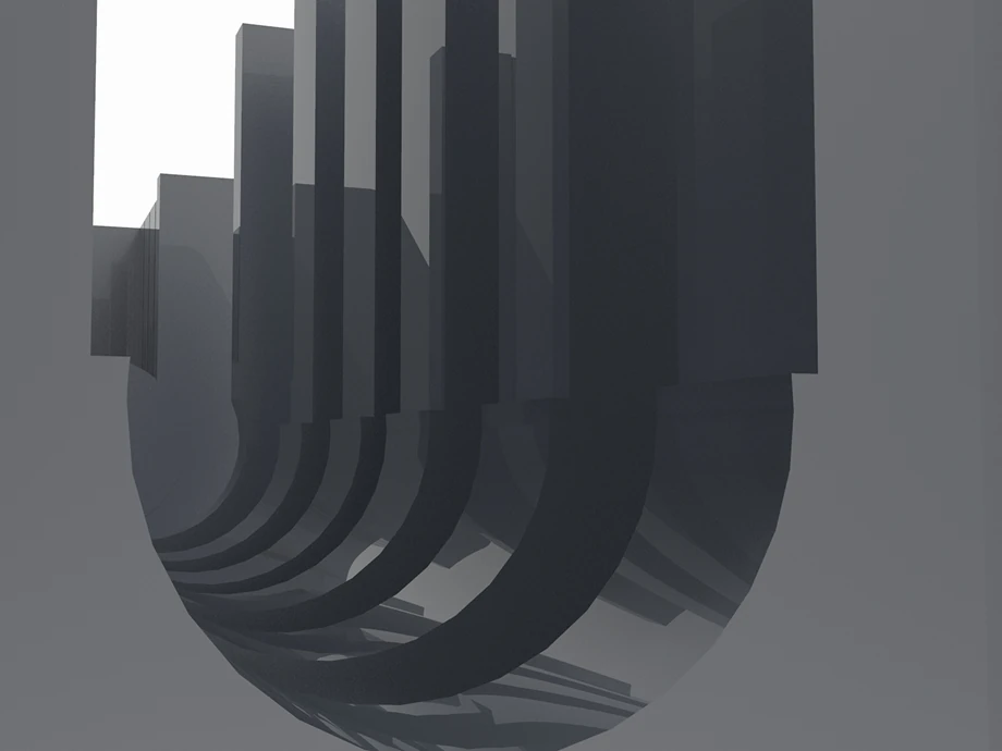 A render looking into the curve of a Kabata plate stack, the U-slots repeating as they recede