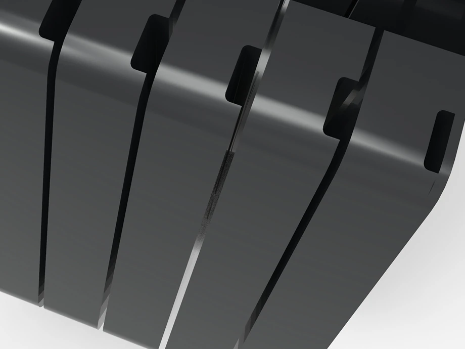 Close-up render of the outer edges of a Kabata plate stack, the notches on each plate catching a highlight