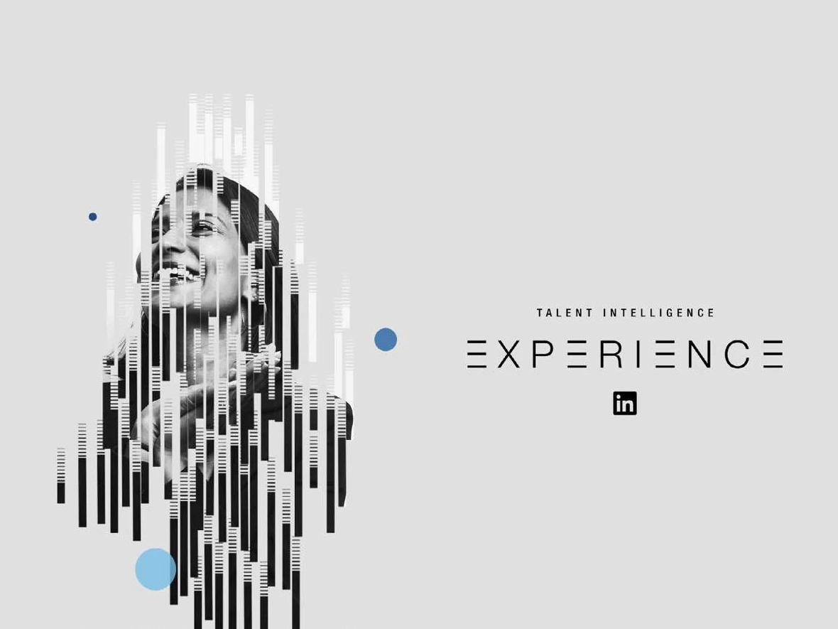 The LinkedIn Talent Intelligence key art, a portrait resolving out of data strands beside the lockup.