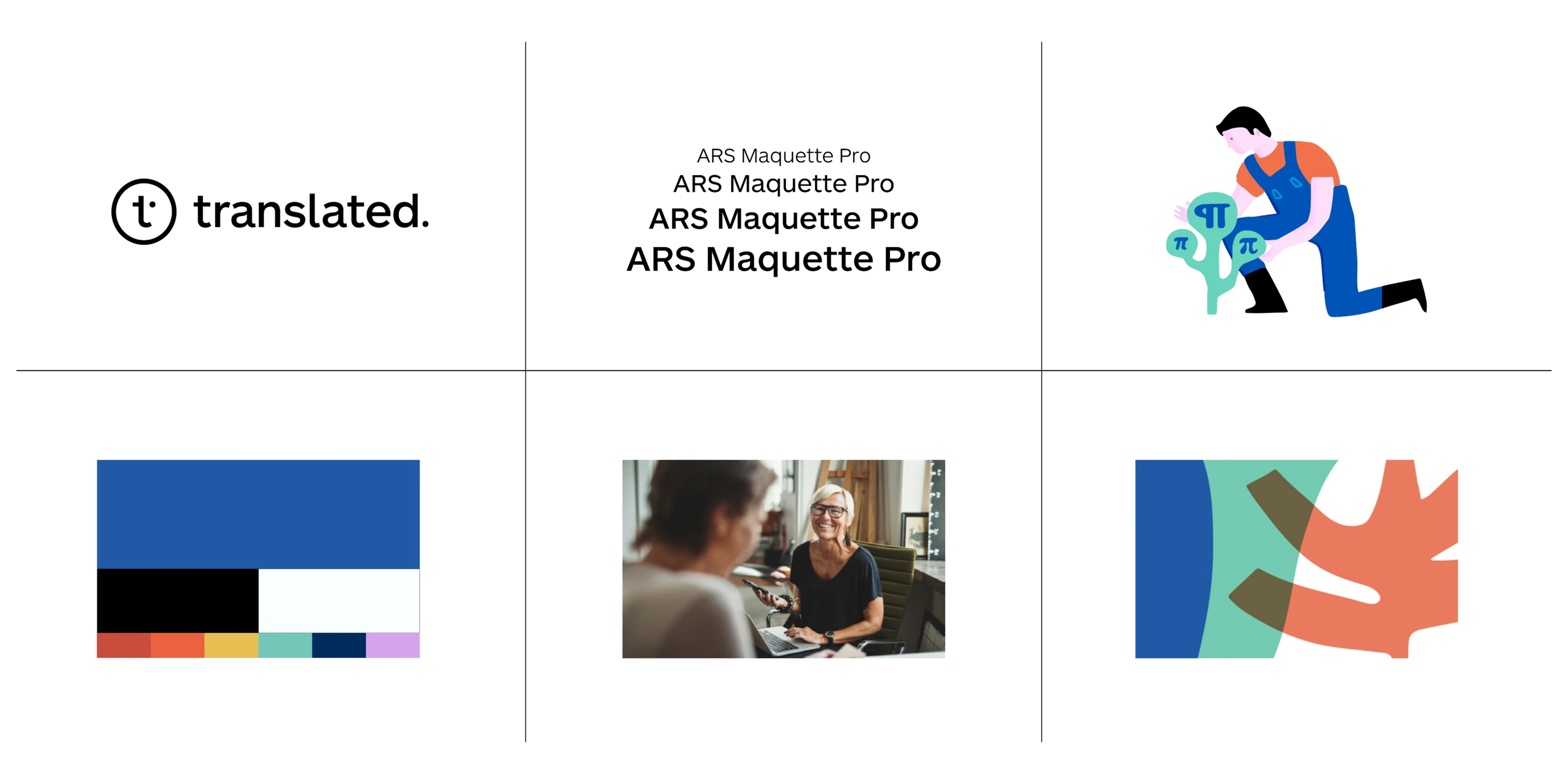 Six parts of the Translated system laid out in a grid: the wordmark, the ARS Maquette Pro type specimen at four weights, an illustrated figure planting a pi-leafed shrub, the colour palette, the photographic style and an abstract leaf mark.